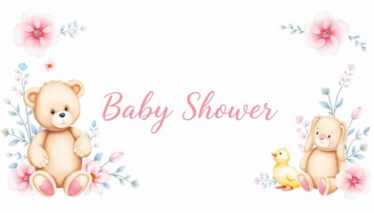 Cute teddy bear, bunny, chick & flowers baby shower card design.