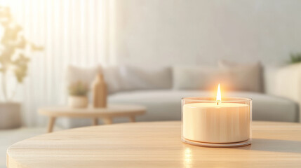 calming living room with lit candle on wooden table, creating warm and inviting atmosphere. soft light enhances serene environment, perfect for relaxation