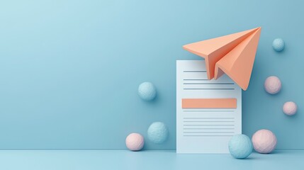 A newsletter sign-up template featuring a cartoon paper airplane. email marketing idea for businesses. Form for registration. Web button prototype. rendering in three dimensions.