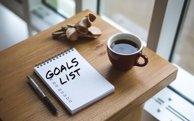 Achieving Goals: Notebook, Coffee Cup, and Pen on Wooden Desk