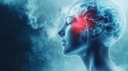 Artistic rendering of human brain, highlighting neural activity and surrounded by mist Female model