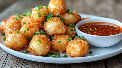 Golden crispy cheese-filled wonton bites served with vibrant sweet chili dipping sauce, garnished with green onions, placed on a rustic wooden table with soft natural lighting.