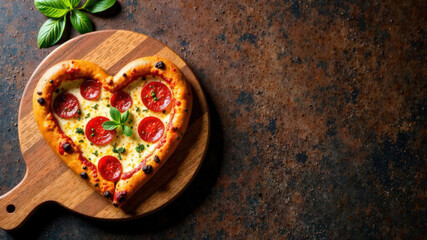 Heart-shaped pizza with pepperoni slices on a wooden serving board with copy space. Valentine's Day food concept. Design for menu, banner, poster, invitation, greeting card, postcard, wallpaper