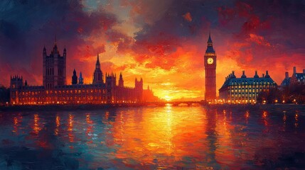 London Parliament Sunset Cityscape Impressionist Style