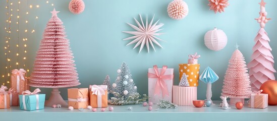 Pastel Christmas decorations on a blue background with festive ornaments, trees, and presents.
