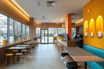 Modern Fast Food Restaurant Interior Design with Minimalist Style and Vibrant Accents