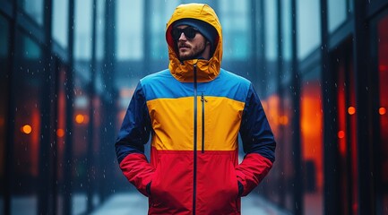 Stylish man in colorful jacket walking in rain.