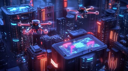 Fototapeta premium Futuristic Cityscape with Drones