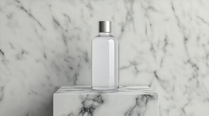 clear glass bottle with silver cap stands on marble pedestal against marble background, showcasing...