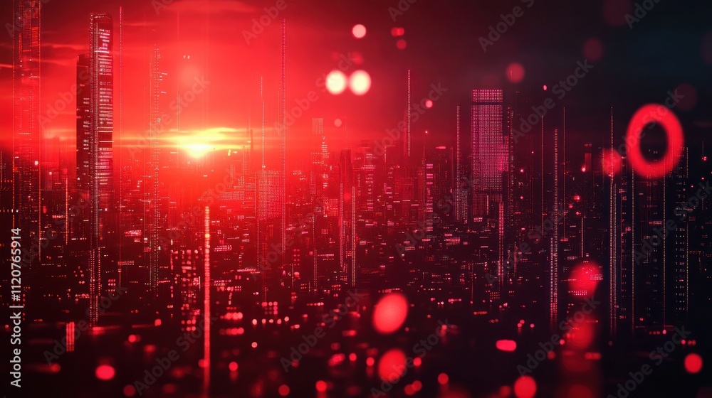 Poster futuristic cityscape with neon red lights and digital data overlays representing financial crisis an