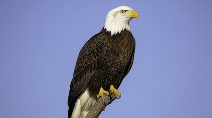 Obraz premium bald eagle perched on high tree branch, showcasing its sharp beak and striking plumage against clear blue sky. This majestic bird symbolizes strength and freedom