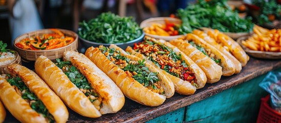 A variety of freshly prepared Vietnamese banh mi sandwiches are displayed for sale at a street food market.