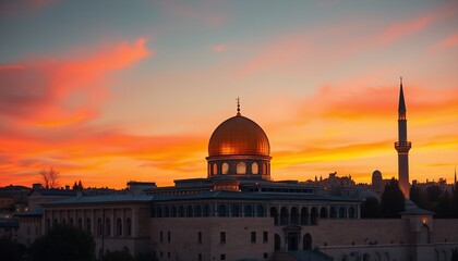 Fototapeta premium Golden dome mosque sunset silhouette cityscape.