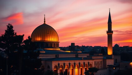 Fototapeta premium Golden dome mosque sunset cityscape.