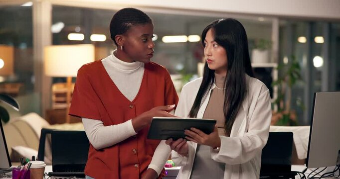 Research, women or journalists on tablet talking for teamwork, editing or creative agency for media press. Night, people or writers on pc for publication website, news article and blog deadline