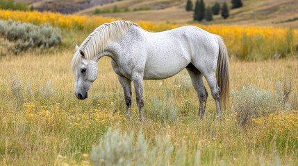 Obraz premium Peaceful horse grazing grass, serene rural pasture field countryside, gentle meadow closeup head mammal, natural wild beautiful, outdoor freedom ranch.