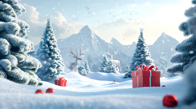 a picture of a pine tree covered in snow, with gift boxes and red balls around it. with deer snow mountain background, with blur style.
