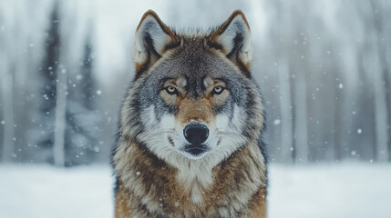 Naklejka premium Majestic wolf standing in snow, showcasing its powerful presence and striking features amidst serene winter landscape