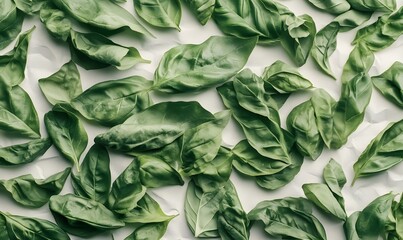 Fresh basil leaves scattered on white background.