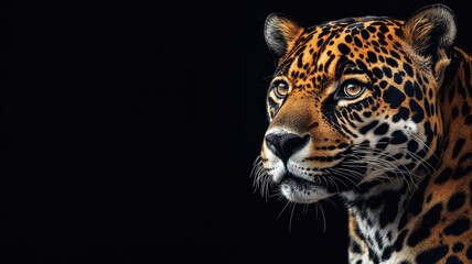 Obraz premium Close-up of jaguar with dark background, showing its detailed spots and intense gaze