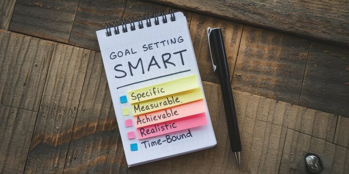 Goal Setting SMART Notebook on Wooden Desk