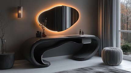 Modern minimalist vanity with illuminated mirror in dark grey room.