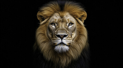 Naklejka premium close up portrait of majestic lion with powerful expression, showcasing its magnificent mane and piercing eyes against dark background