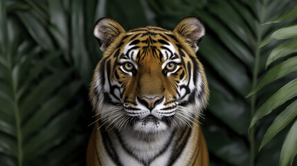 Fototapeta premium close up portrait of tiger with serene yet intense expression, surrounded by lush green foliage. tiger striking features and vibrant colors create captivating image