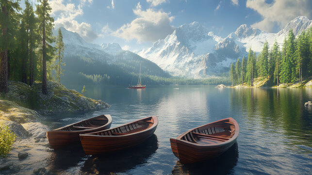a picture of three brown perau, on the edge of the lake and green pine trees on the right and left. with a background of mountains and clouds.