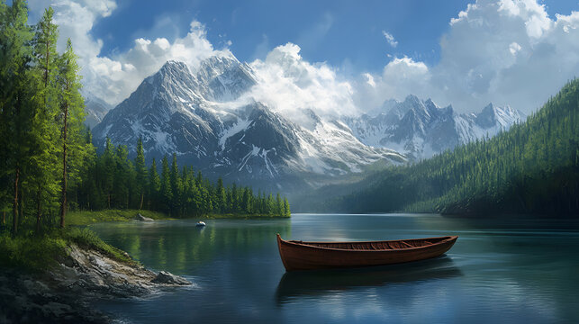 Picture of Perau, on the edge of the lake and green pine trees on the right and left. with a background of mountains and clouds.