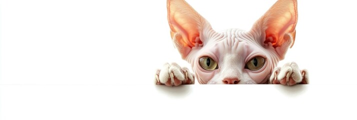 Fototapeta premium A curious Sphynx cat peeking over a surface.