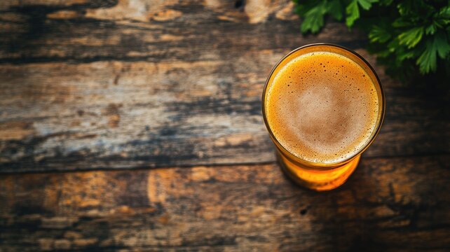 Glass of frothy amber beer on rustic wooden table