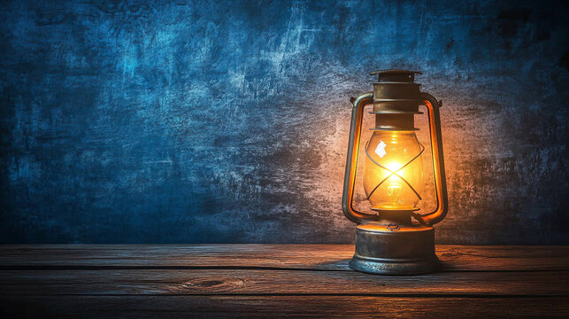 Old lantern oil lamp on wooden table in dark room, copy space. vintage antique fire flame candle to glow light at night, warm ancient historic equipment.