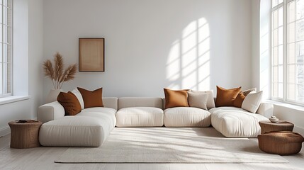 Obraz premium minimalist living room with white walls, sleek furniture, neutral tones