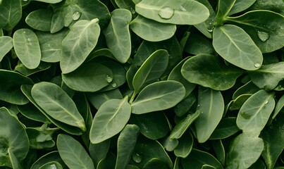 Lush green leaves with water droplets.