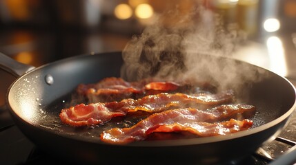 Fototapeta premium Bacon in pan is steaming