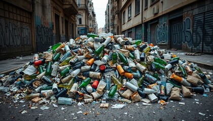 Obraz premium Huge pile of discarded glass bottles and trash on a city street.
