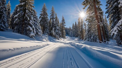 Obraz premium Sunlit Snowy Path Through Evergreen Forest on a Clear Winter Day