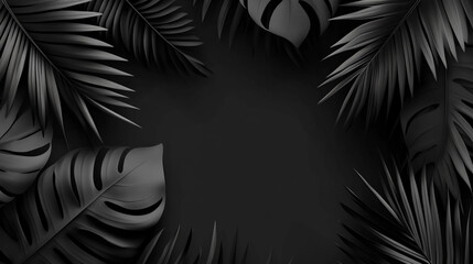Elegant Black Tropical Leaves on Textured Dark Background. This image features elegant black tropical leaves arranged on a textured dark background, creating a sophisticated and mysterious jungle