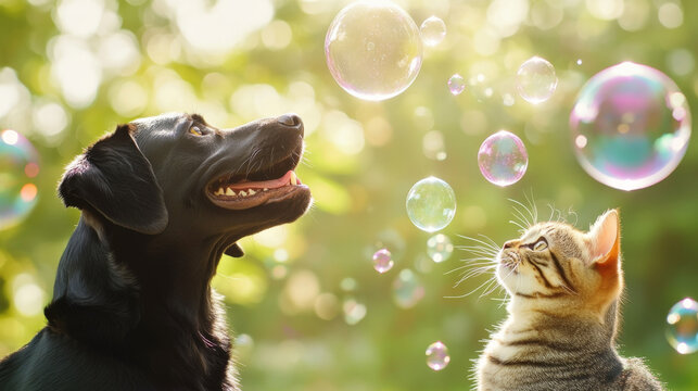 Endearing snapshot of black dog and striped cat enjoying bubbles in sunny garden. Their expressions convey joy and curiosity, creating heartwarming scene