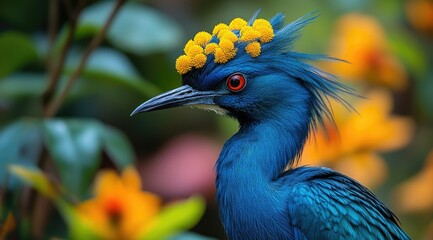 Obraz premium Vibrant blue bird adorned with yellow flowers, close-up profile view against blurred floral background.