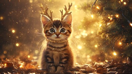 kitten wearing antler headbands sits in front of a glowing Christmas tree, adding a charming and festive touch to the holiday season, evoking warmth, joy, poster/web/flyer/vet/card