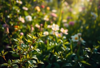 Lush green foliage with vibrant wildflowers in sunlight.