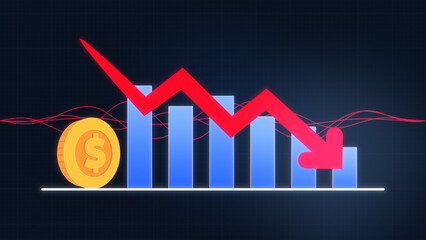 Red Arrow Down Profit Bar chart Graph Stock Money Coin Business Wave Stroke Line