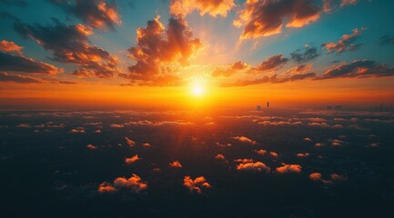 Fototapeta premium Vibrant sunset over a cityscape, aerial view with clouds.