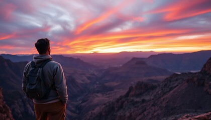 Fototapeta premium Man admiring scenic sunset over vast mountain range.