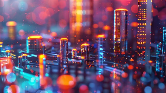 A futuristic cityscape lit up by the energy of lightning rods symbolizing the transformational power of blockchain in urban environments