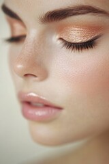 Fototapeta premium Close-up of a model showcasing flawless makeup with warm tones in a soft-lit environment during a beauty photoshoot