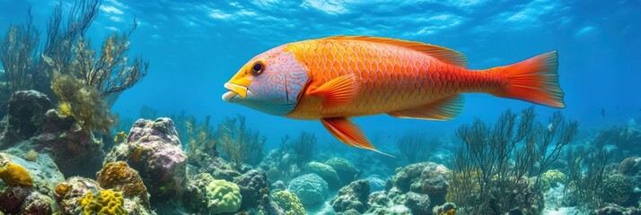 Fototapeta premium Vibrant orange fish swimming in a coral reef.