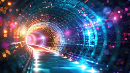 Fototapeta premium Abstract glowing digital tunnel with bright neon lights.
